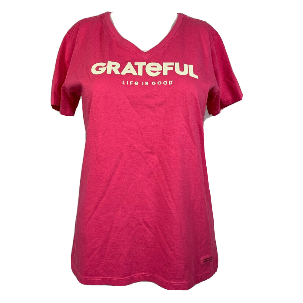 NWT Life Is Good Shirt Women‎ Sz S Pink Tee V Neck Short Sleeve Grateful Crusher